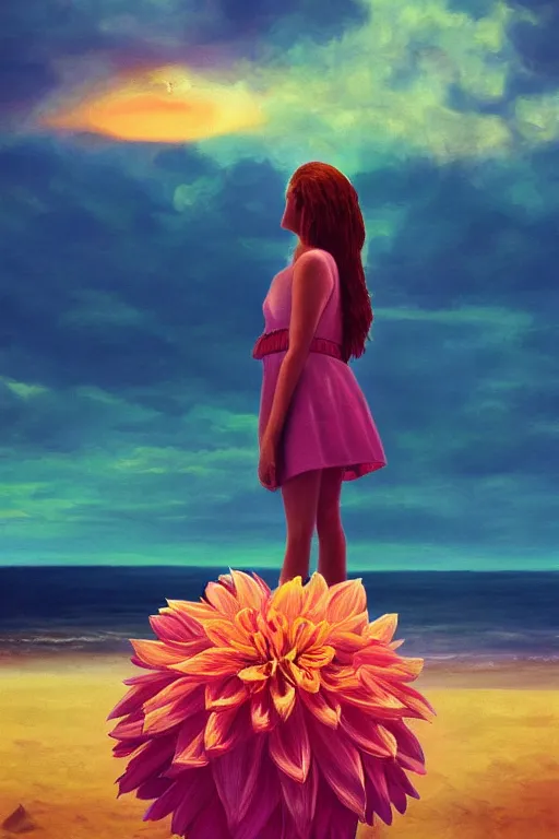 Image similar to closeup huge dahlia flower head, girl standing on beach, surreal photography, blue sky, sunrise, dramatic light, impressionist painting, digital painting, artstation, simon stalenhag