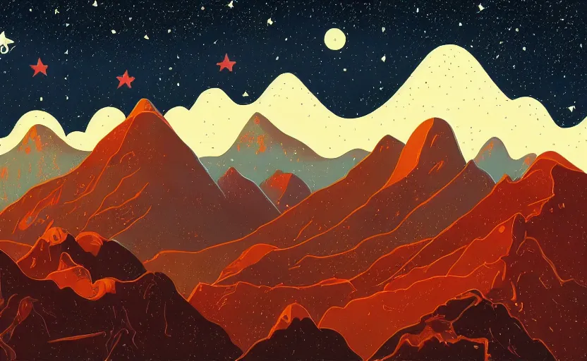 Prompt: mountains, stars and paisley filled sky, artstation, intricate, highly detailed, digital painting, concept art, sharp focus, illustration by Tom Whalen and Yoshitaka Amano
