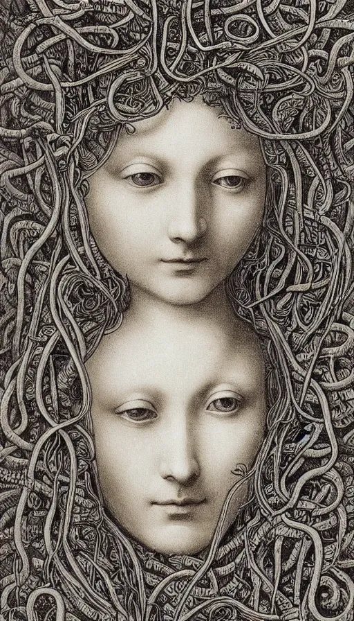 Image similar to very detailed portrait of a 2 0 years old girl surrounded by tentacles, the youg woman visage is blooming from fractal and vines, by leonardo da vinci