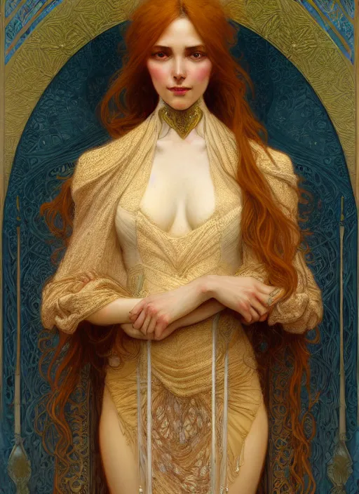 Prompt: character portrait of a modest woman, tall, feminine, powerful, modestly clothed, voluminous, intricate, elegant, highly detailed, digital painting, artstation, smooth, symmetrical, sharp focus, illustration, art by gaston bussiere and alphone mucha