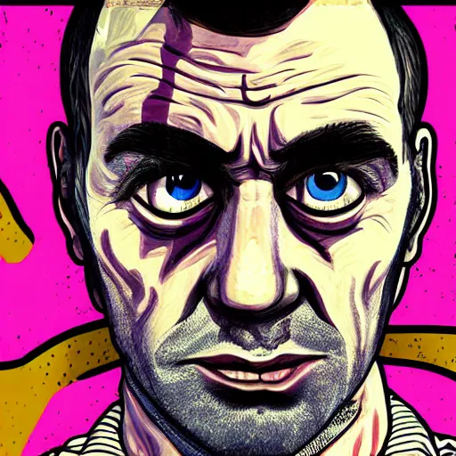 Image similar to upset delusional trippy person illustrated in the style of a GTA V poster, detailed, closeup