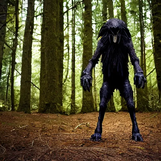 Image similar to standing werecreature consisting of a human and crow, photograph captured in a forest