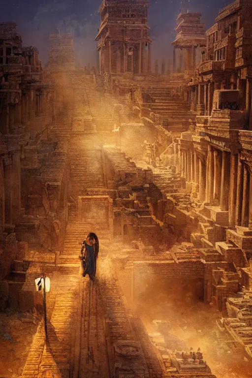 Image similar to ancient city of babylon, portrait, powerfull, intricate, elegant, volumetric lighting, scenery, digital painting, highly detailed, artstation, sharp focus, illustration, concept art, ruan jia, steve mccurry