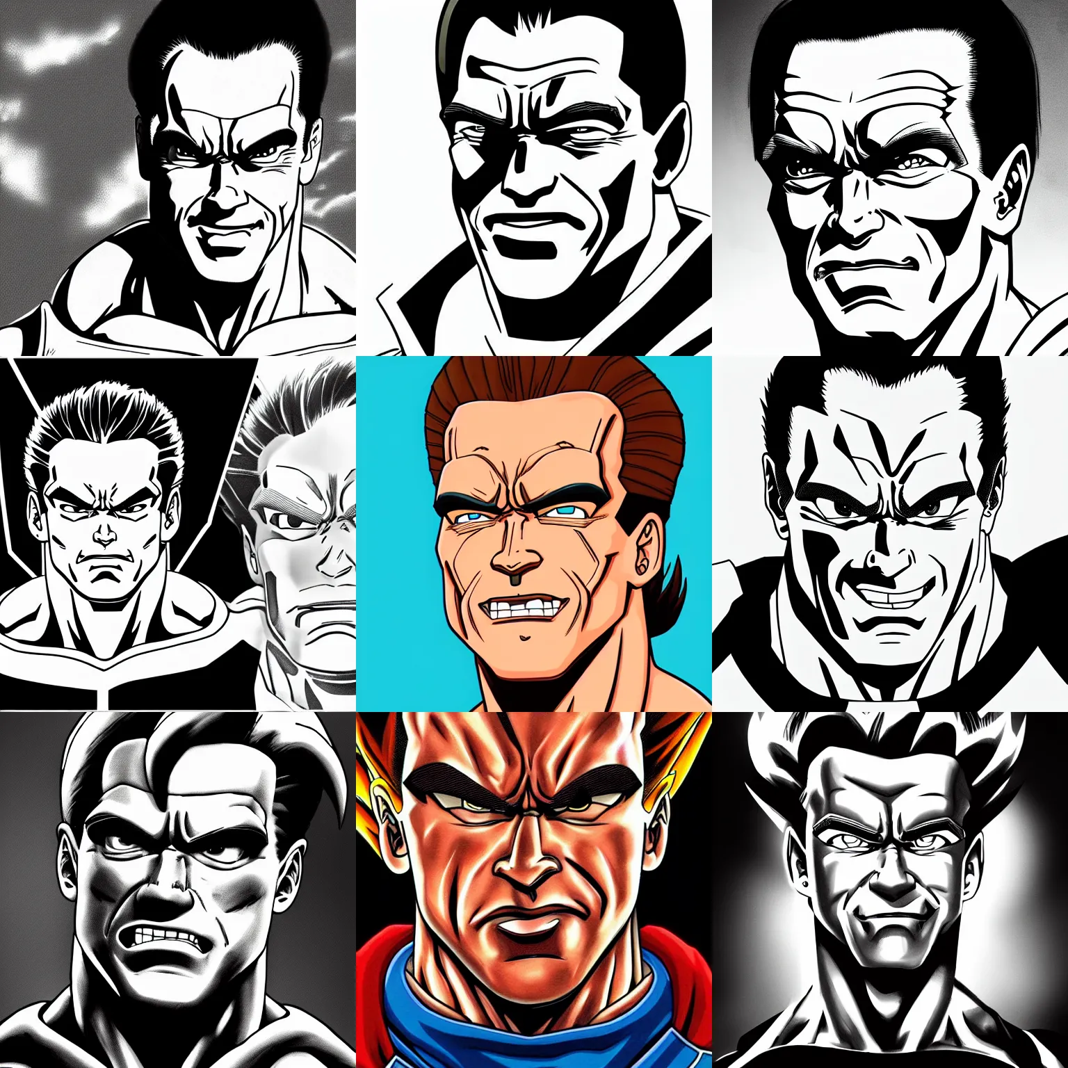 Prompt: arnold schwarzenegger!!! big head close up concept art of arnold schwarzenegger as a dragon ball character, beautiful landscape, 4 k anime character lineart flat ink by akira toriyama, artstation