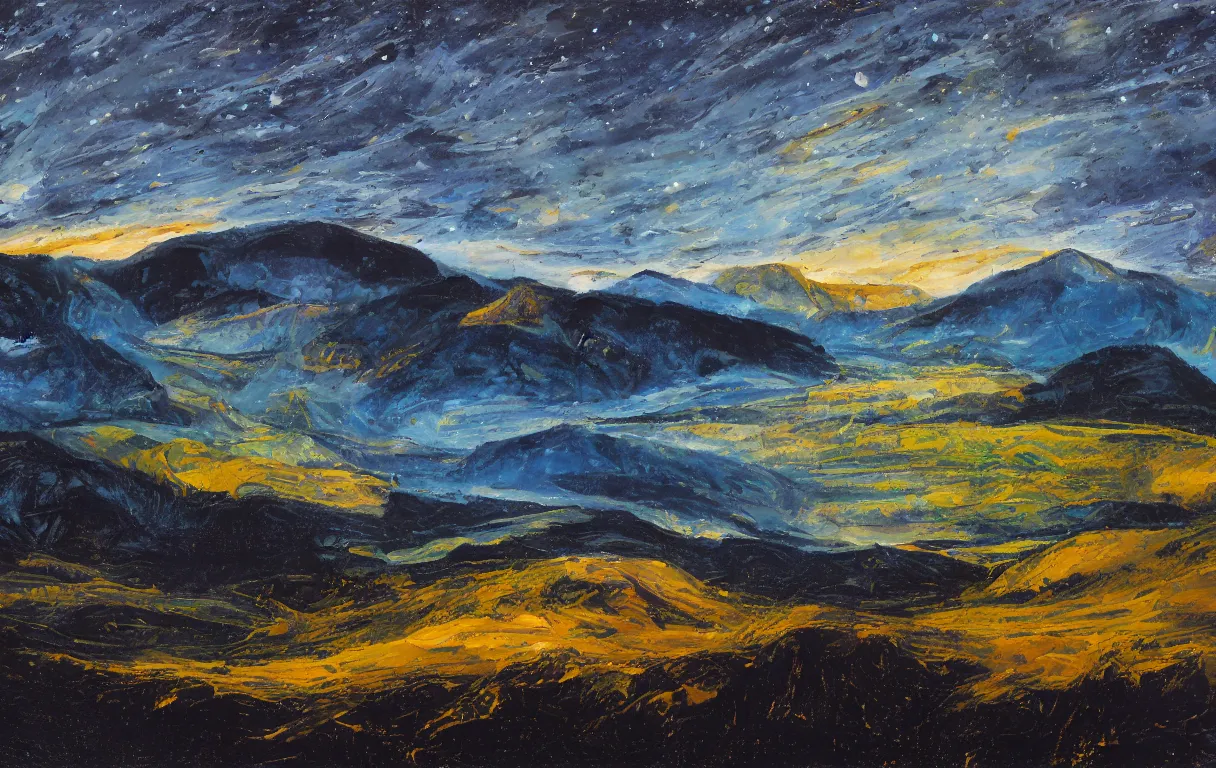 Prompt: Realist colorful impasto painting of the Salmon River mountain valley at midnight by John Harris, stars in the inky black sky reflect on the darkest blue river surface, 4k scan, HDR, oil on canvas, visible brushstrokes