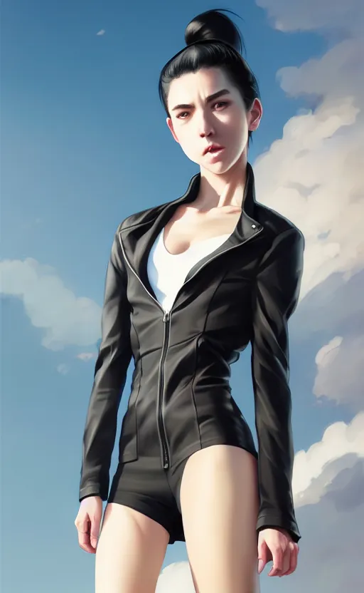 Image similar to black ponytail hair, pale woman in a black unzipped jacket, black shorts, by artgerm, beautiful render, matte painting, realistic, dynamic angle, wlop, loish, octane render, sharp focus, by greg rutkowski makoto shinkai