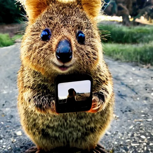 Prompt: A happy quokka flipping off the photographer