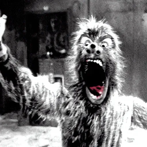 Prompt: film still of a funny looking werewolf extending out his hand, asking for food, in an american werewolf in london