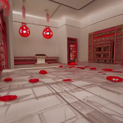 Prompt: shintoist temple interior, detailed, jewelry, sakura,photograph, award wining, red and white, trending on artstation, 4k, unreal engine 5, octane render, neon highlights