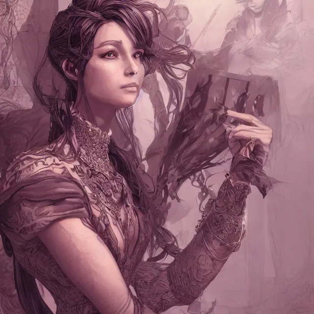 Image similar to the portrait of the lawful evil sorceress lawyer as an absurdly beautiful, graceful, elegant, jaded, woman, an ultrafine hyperdetailed illustration by kim jung gi, irakli nadar, intricate linework, bright colors, octopath traveler, final fantasy, unreal engine 5 highly rendered, global illumination, radiant light, detailed and intricate environment