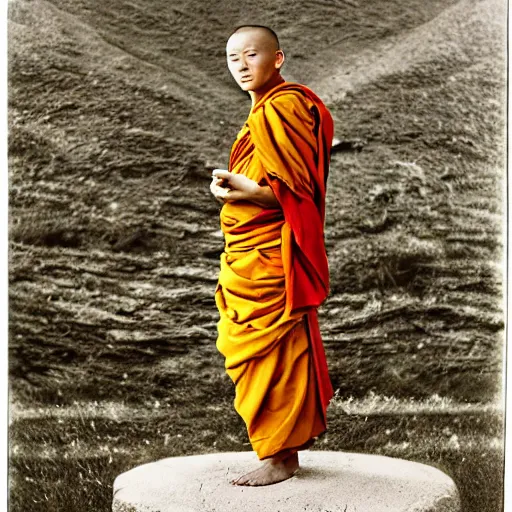 Prompt: platon photograph of a levitating tibetan monk