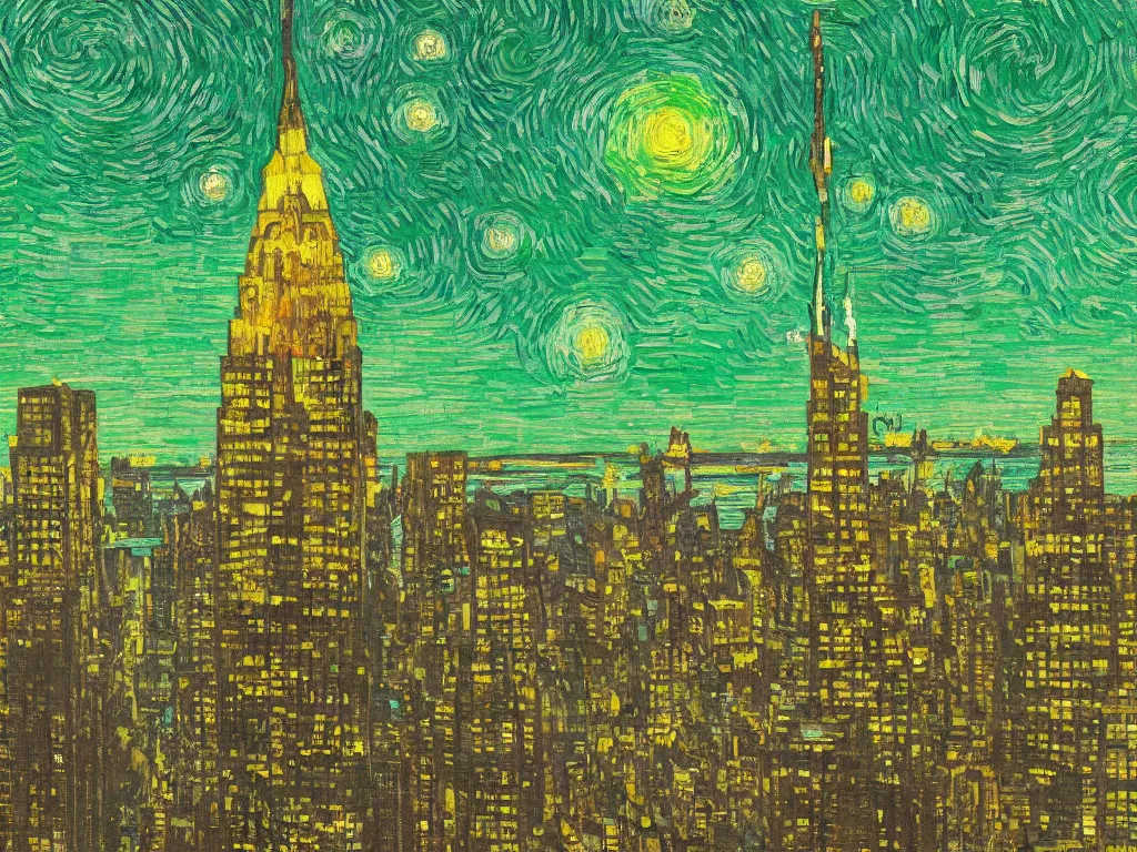 Prompt: bright beautiful oil painting of flying saucer exploding buildings in new york with a glowing green light, light scatter, van gogh