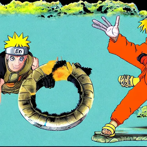 Prompt: naruto uzumaki in metal slug z in the style of alan bean