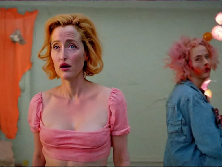 Prompt: a scene from a quirky, bright and cheerful post - apocalyptic movie, starring gillian anderson that fights the dread of the end of the world by decorating the scorched remains of the midwestern town she lives in with kitchy party decorations in shades of pink, orange and silver by director wes andersson and, blue - ray screenshot, filmed by roger deakins