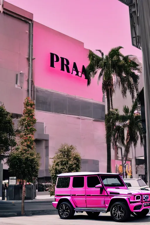 Prompt: Photo of a pink Mercedes-Benz G63 parked on the road with a Prada Store in the background, california, wide shot, poster, rule of thirds, photo print, golden hour, daylight, vibrant, volumetric lighting, award winning