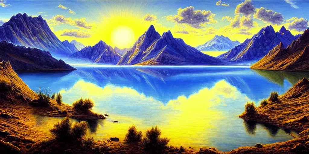 Prompt: a beautiful landscape, sun rises between two mountains, a lake in between the mountains, blue sky, cloudy, painting by john stephans, extremely detailed, hyper realism