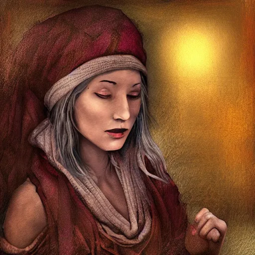 Prompt: the dice maker, woman, mystic, digital art, portfolio