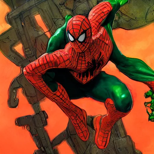 Image similar to an orange and green spiderman by ruan jia and marc silvestri