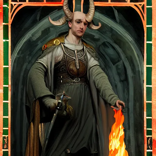 Image similar to ram horned catholic medieval monk like half-lamb brings fire down from the sky, medieval style, trending on artstation, highly detailed, digital painting, volumetric light, concept art, sharp focus, illustration, art by greg rutkowski and alphonse mucha