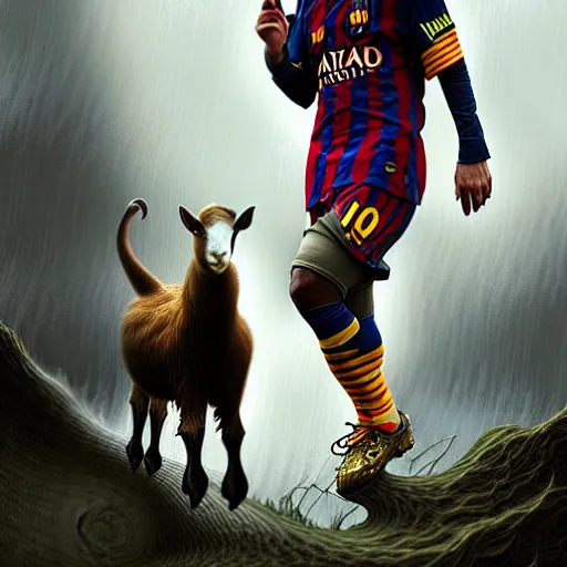 Image similar to Lionel Messi standing beside a majestic goat, D&D, fantasy, intricate, elegant, highly detailed, digital painting, artstation, concept art, matte, sharp focus, illustration, art by Artgerm and Greg Rutkowski and Alphonse Mucha