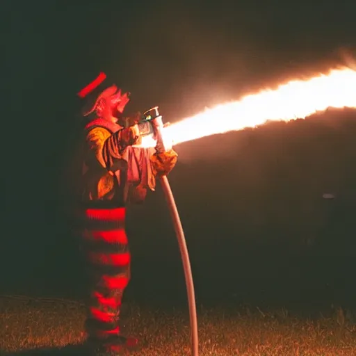 Prompt: photo of a clown using a flamethrower projecting a long bright flame towards a fire