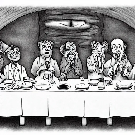 Image similar to the last supper in the style of courage the cowardly dog, detailed, hd, cartoon art,