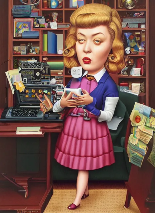 Prompt: A female office worker not understanding what the computer is doing. She's visibly confused. Mark Ryden and Alex Gross, Todd Schorr highly detailed