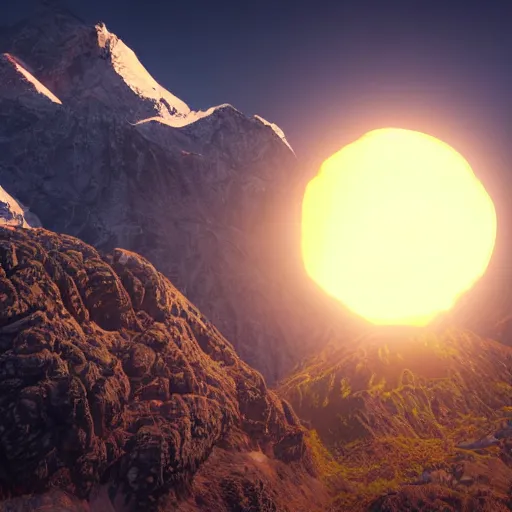 Image similar to small dark black sun above mountains, highly detailed, photorealistic shot, bright studio setting, studio lighting, crisp quality and light reflections, unreal engine 5 quality render