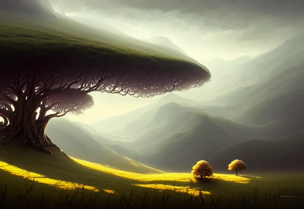 Prompt: dionisio landscape without people, high trees, top of the hill, above low layered clouds, deep focus, fantasy, intricate, elegant, highly detailed, digital painting, artstation, concept art, matte, sharp focus, illustration, hearthstone, art by rhads and artgerm and greg rutkowski and gediminas pranckevicius