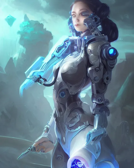 Image similar to holy cyborg necromancer girl, elegant, scifi, futuristic, utopia, garden, illustration, atmosphere, top lighting, blue eyes, white hair, focused, artstation, highly detailed, art by yuhong ding and chengwei pan and serafleur and ina wong