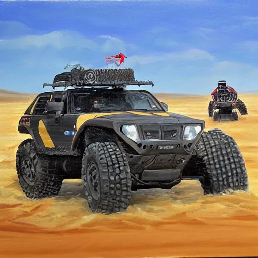 Image similar to all terrain vehicle race, painting by jerome bosch