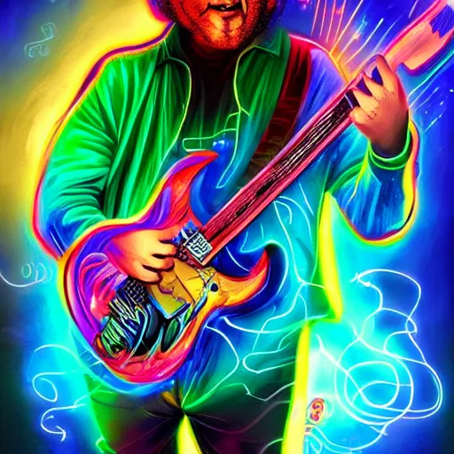 Image similar to a Jerry Garcia guitarist playing so intensely there is electricity shooting out from his guitar, energy beams under his finger tips, and magic sparkles from the freboard, amazing ditial art, trending on artstation, featured on deviantart