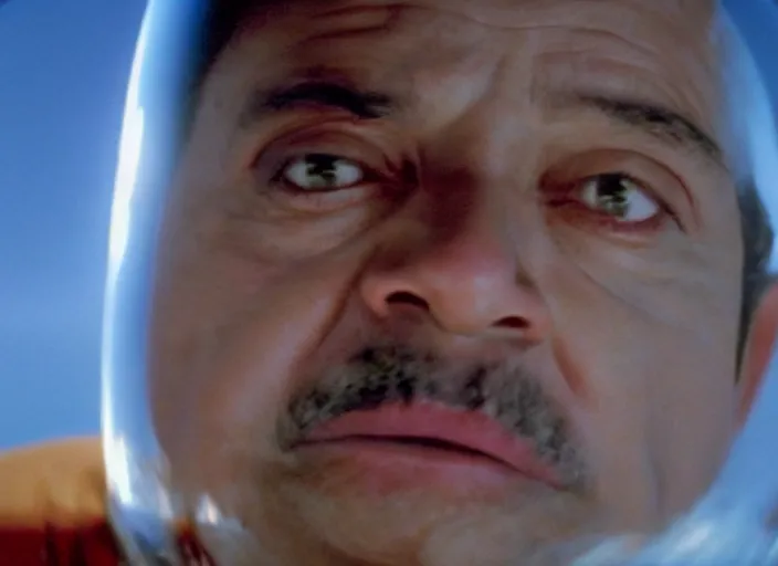 Image similar to film still of young old Cheech Marin flying through wormhole as Dr. Dave Bowman in 2001 A Space Odyssey