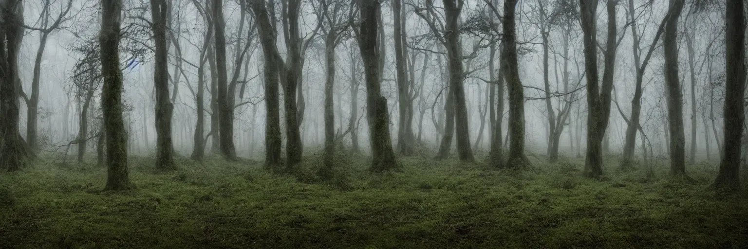 Image similar to a haunted forest, mist and rain