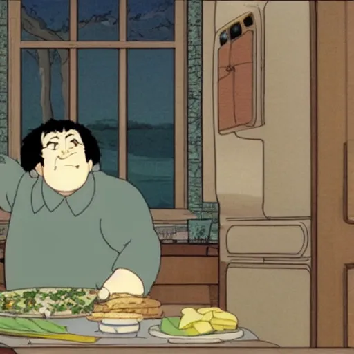 Prompt: Tony Soprano eating gabagool out of the fridge, style: (hayao miyazaki, studio ghibli)