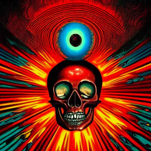 Prompt: a painting of a skull with red eyes, poster art by jeffrey smith, behance contest winner, psychedelic art, cosmic horror, anaglyph effect, darksynth