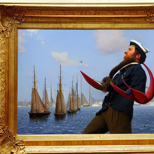 Image similar to painting of sailor boy hyperrealism vasily vereshchagin at harbor