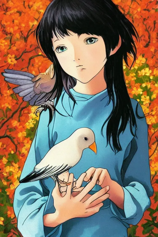 Image similar to young pretty girl holding a bird in her hands, looking touched, Fragile looking character portrait , beautiful scene; highly detailed art, by Studio Ghibli , High contrast, anime art