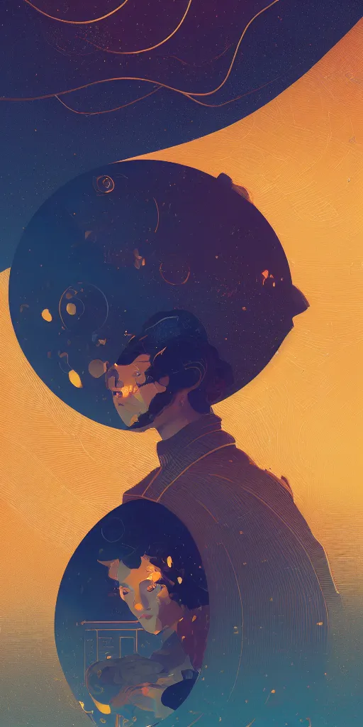 Image similar to highly detailed portrait of a semicircular bounded space surrounded with golden and blue magic powder, ultra wide angle, finer details, by victo ngai and greg rutkowski, trending on artstation.