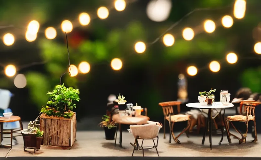 Image similar to mini cafe for mice diorama macro photography, ambient, atmospheric photograph, bokeh, string lights, hanging plants, coffee, pastries