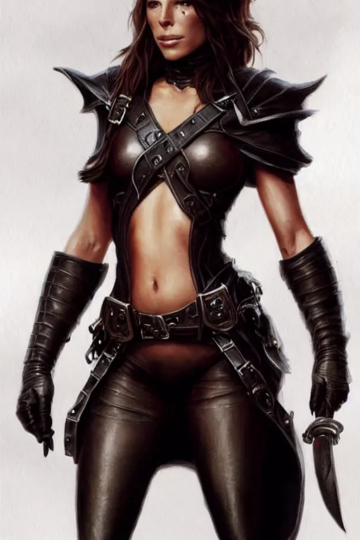 Image similar to kate beckinsale as dnd thief, weared in leather armor, highly detailed, d & d, fantasy, highly detailed, digital painting, trending on artstation, concept art, sharp focus, illustration, art by artgerm and greg rutkowski and magali villeneuve