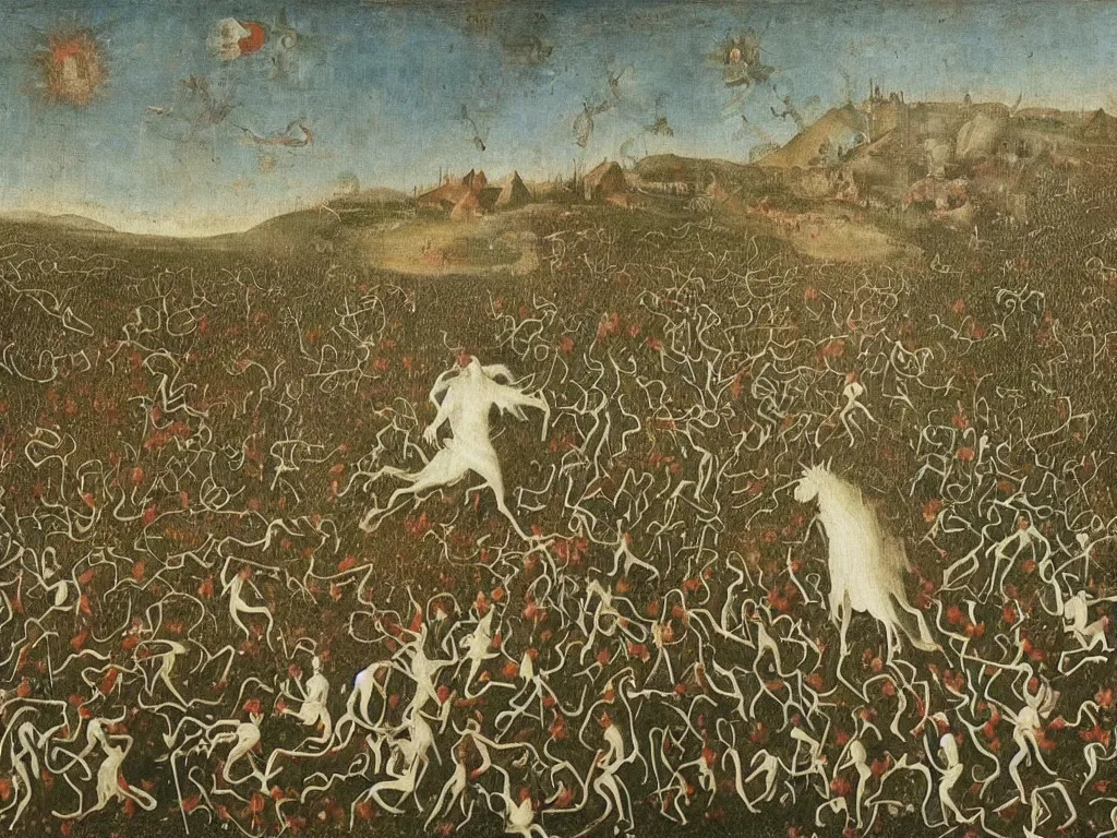 Prompt: White flaming devil running in the flower field, holding the world in his raised arms. Shadows loom over the land. Painting by Bosch, Bekinski