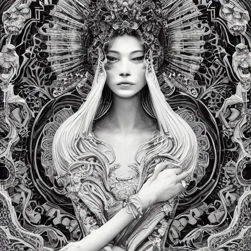 Image similar to the portrait of an absurdly beautiful, graceful, and elegant woman made of bananas and petals, an ultrafine detailed illustration by kim jung gi, irakli nadar, intricate linework, bright colors, final fantasy, behance contest winner, angular, unreal engine 5 highly rendered, global illumination, radiant light, detailed and intricate environment