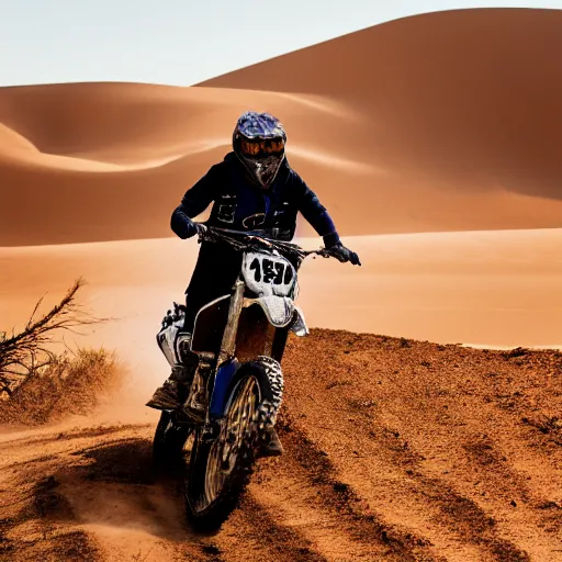 Prompt: cinematic shot of Margaret Thatcher riding a dirt bike in a desert, 8k, dslr, professional lighting,