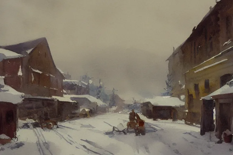 Image similar to small painted on watercolor paper, paint brush strokes, abstract watercolor painting of western town, snowy weather, winter, american frontier, midday sharp light, dust, cinematic light, american romanticism by hans dahl, by jesper ejsing, by anders zorn, by greg rutkowski, by greg manchess, by tyler edlin
