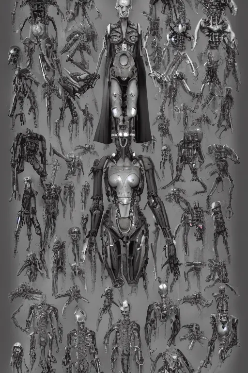 Image similar to cyborg vampire with gunmetal grey skin, medical anatomy, very symmetrical face, highly detailed, mecha, three - perspective / three - view reference sheet ( front / back / side ), in the style of dan ouellette, hr giger, sil from species, dren from splice, biomechanical, artstation, unreal engine