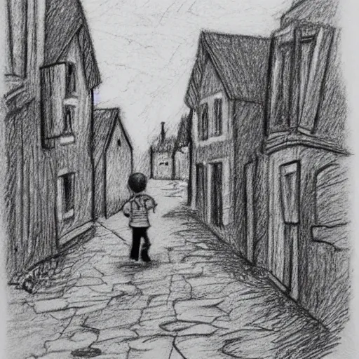 Image similar to rich detailed pencil drawing of little nicholas walking along a lonely village street, by jean - jacques sempe, by rene goscinny