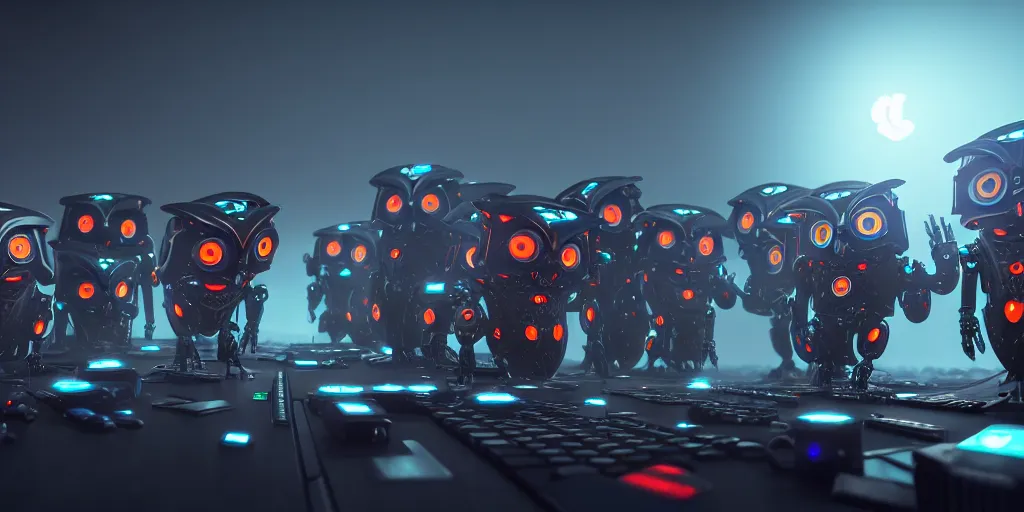 Image similar to an army of evil, malevolent, robot mechincal owls surrounded by computers and computer screens. this 4 k hd image is trending on artstation, featured on behance, well - rendered, extra crisp, features intricate detail and the style of unreal engine. volumetric lighting