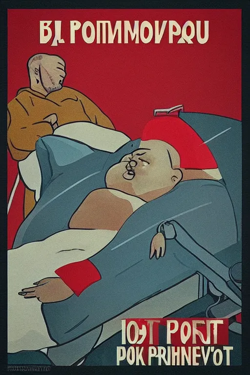 Prompt: “Bored Fat man in Hospital Bed. Text Porvoo. Soviet propaganda poster in the style of Dmitry Moor”