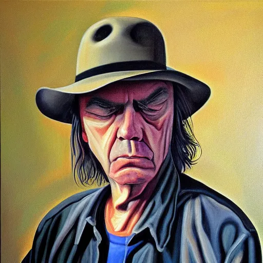 Prompt: a portrait of neil young painted by jeffrey smart